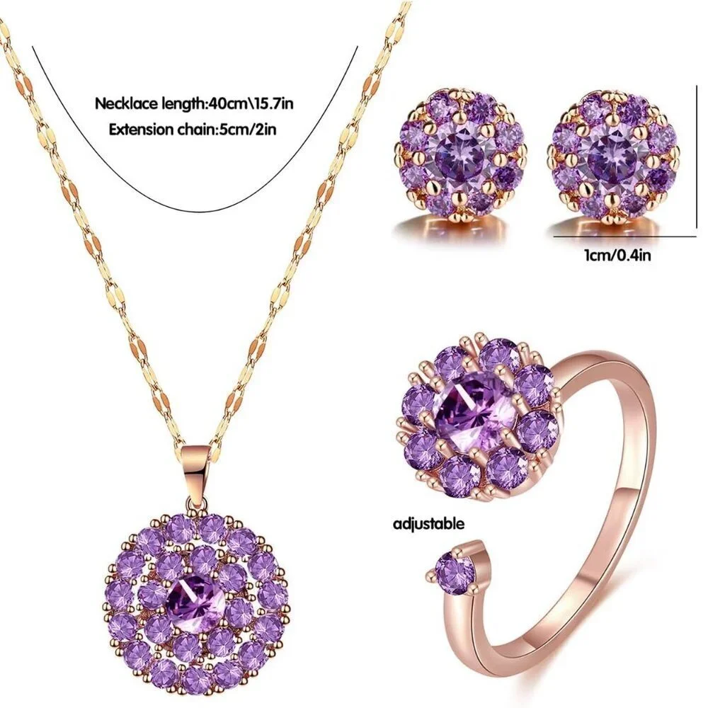 Women Jewelry Set Rhinestone Necklace Earrings Adjustable Ring Bridal Wedding